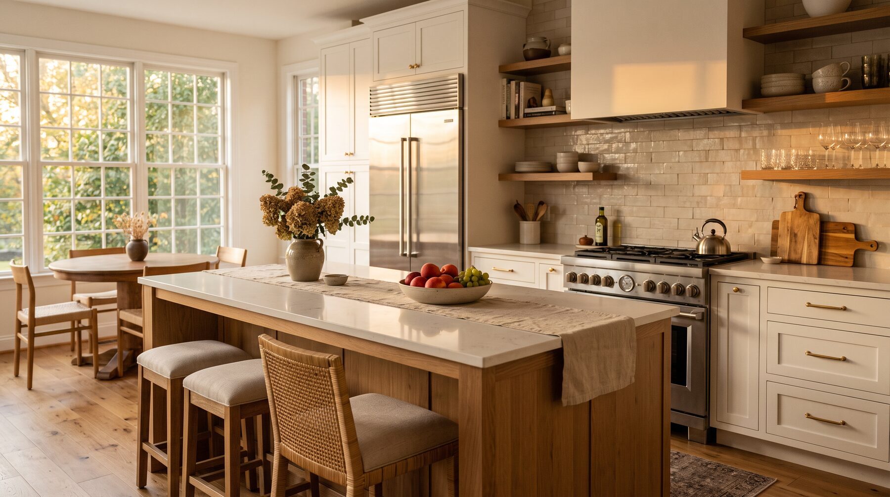 Warm, high-end family kitchen at golden hour