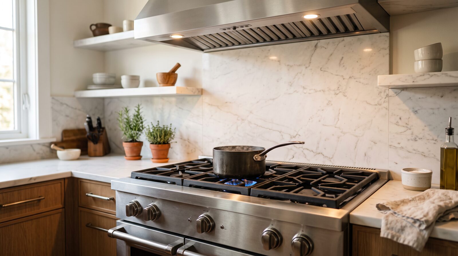Professional stainless gas range with a lit burner in an upscale kitchen