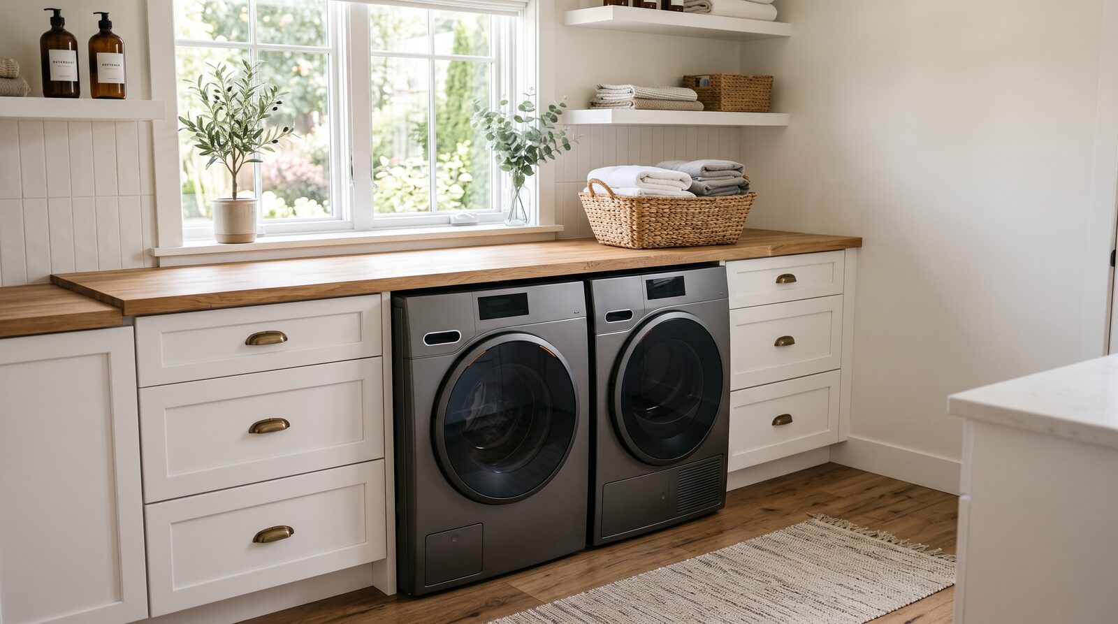 Premium front-load washer and dryer in a bright laundry room