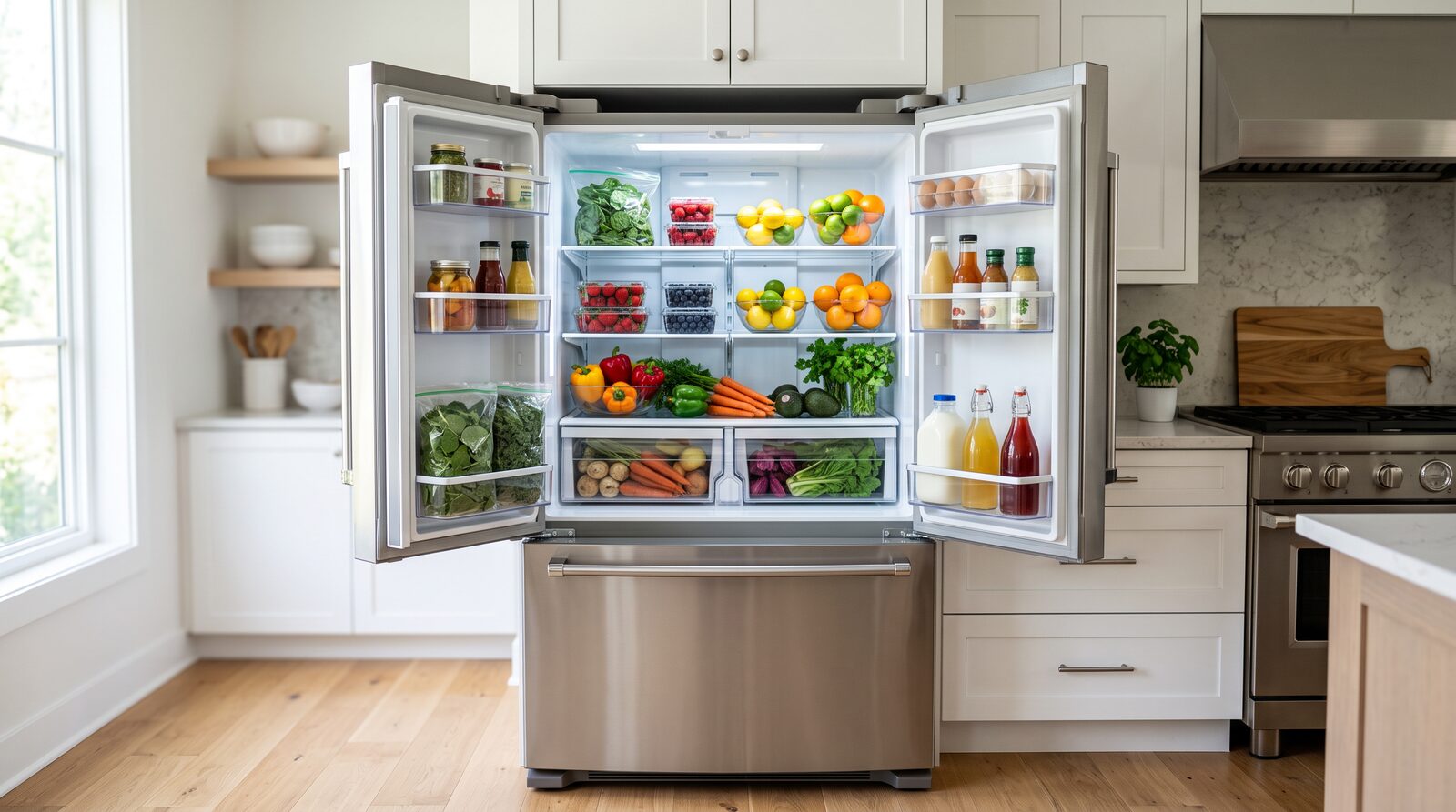 Stainless French-door refrigerator open, filled with fresh organized food